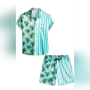 Tropical Flamingo Men Casual Set. Buttown Down Shirt And Short Set.